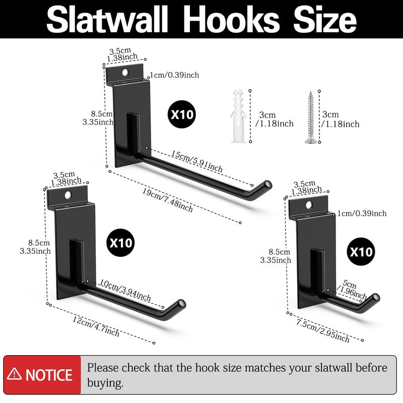 3H Slatwall Accessories 30 Pack, 3/5/7 Inch Hooks & Hangers, Heavy Duty Slat Wall Hanging Hooks, Proslat Accessories for Shop Retail Display - Image 2